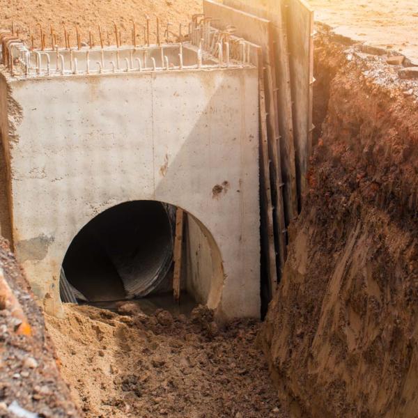 Building Underground Drain Water Pipe Under Construction In Urban