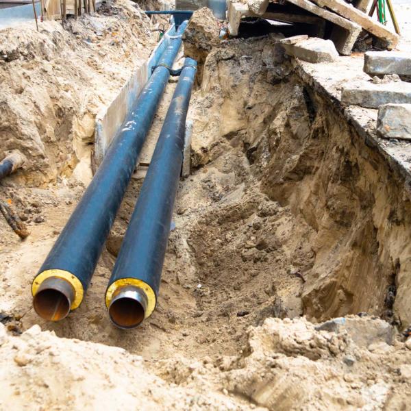 Two Water Pipes In Ground Pit Trench Ditch During Plumbing Under